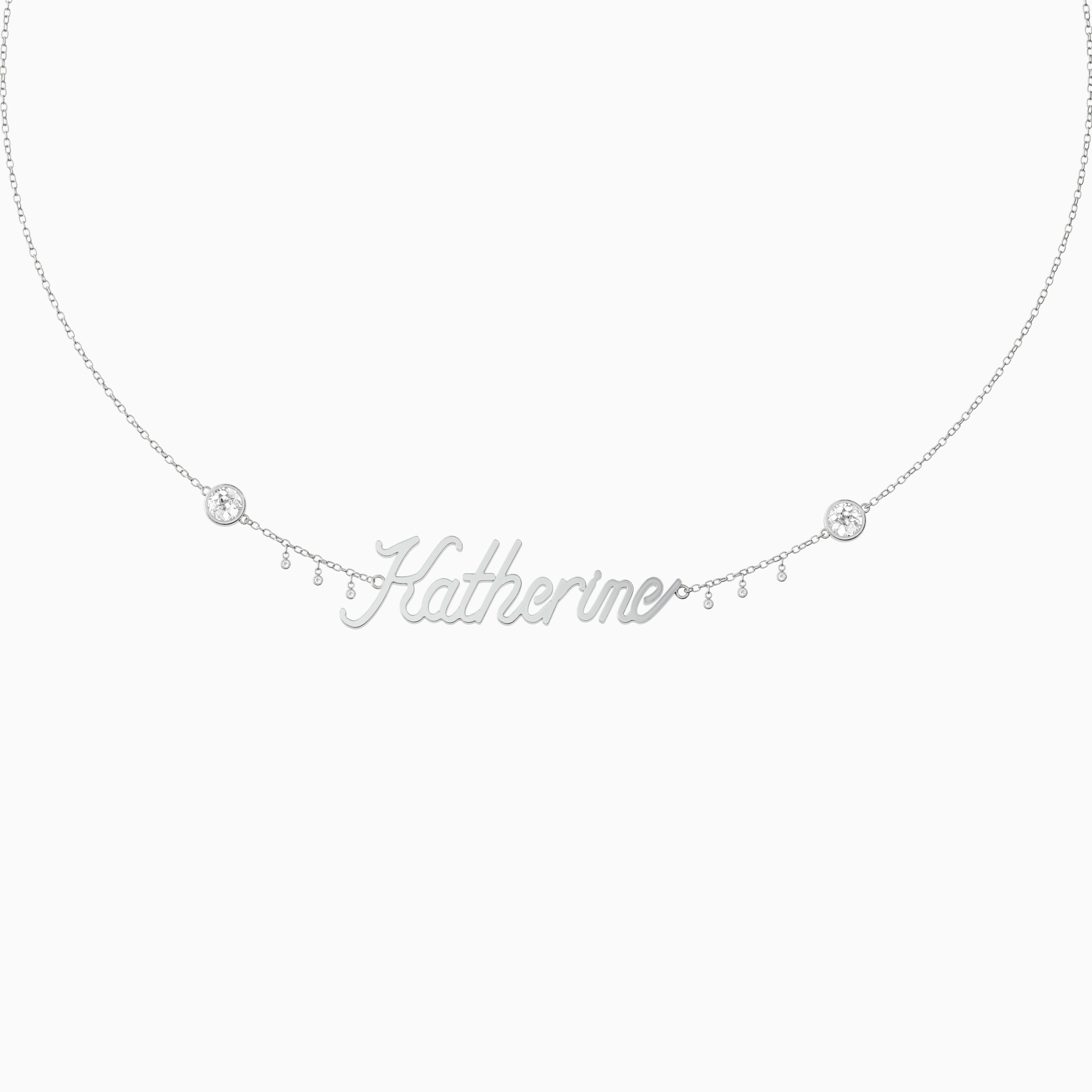 Signature Necklace - Single Name - Round Diamond Trinkets and Diamond Droplets