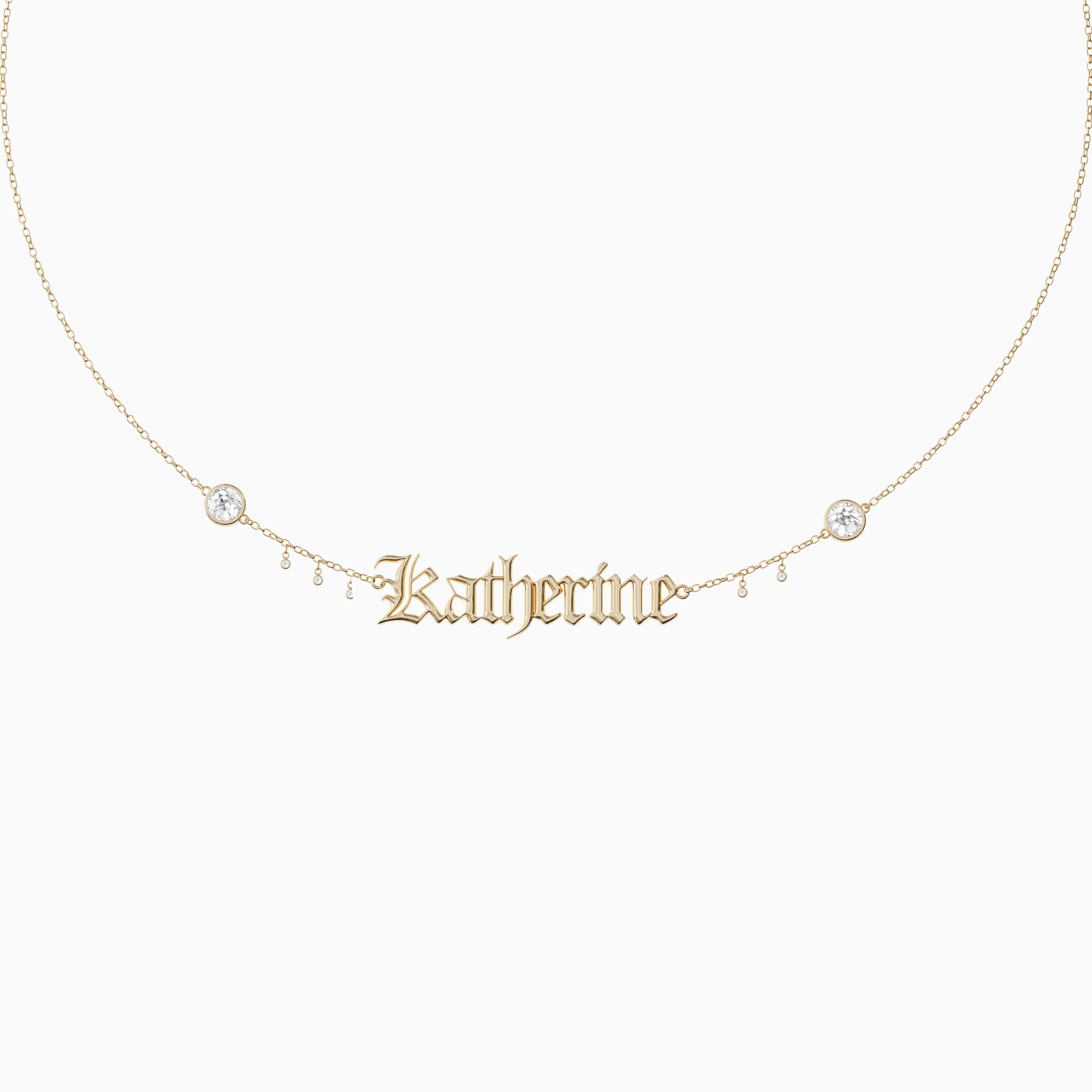 Signature Necklace - Single Name - Round Diamond Trinkets and Diamond Droplets