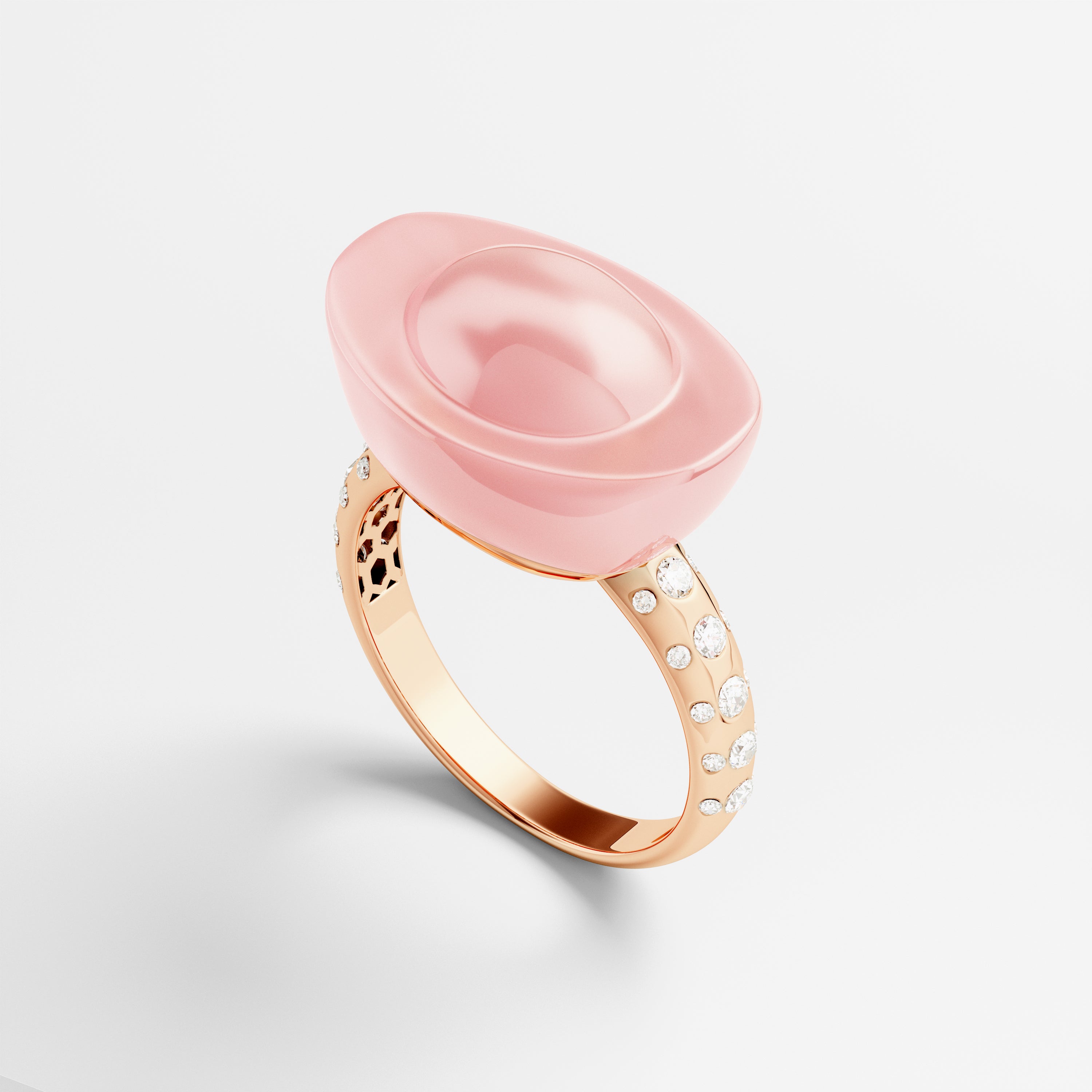 Yuan Bao Pink Quartz Fortune Ring - Diamond Band - Large