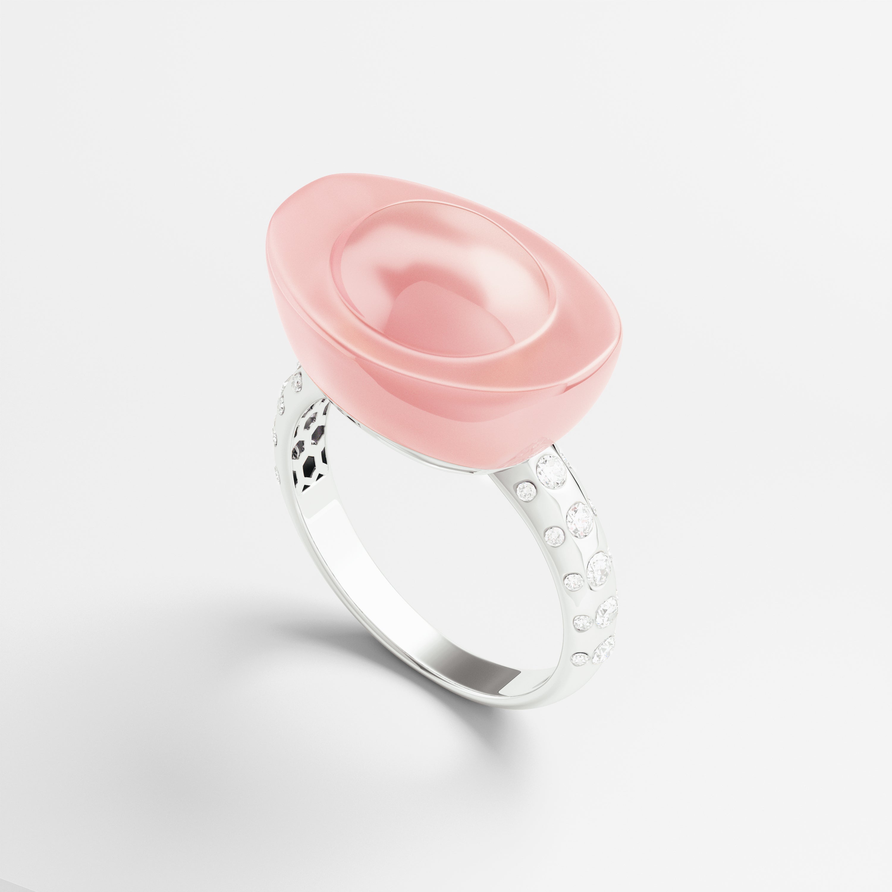 Yuan Bao Pink Quartz Fortune Ring - Diamond Band - Large