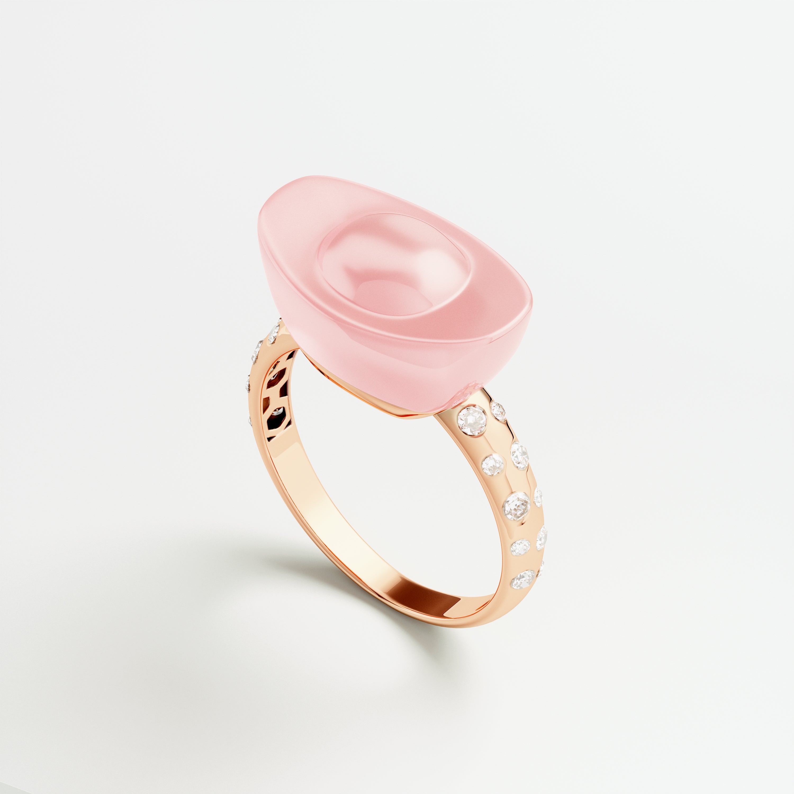 Yuan Bao Pink Quartz Fortune Ring - Diamond Band - Small