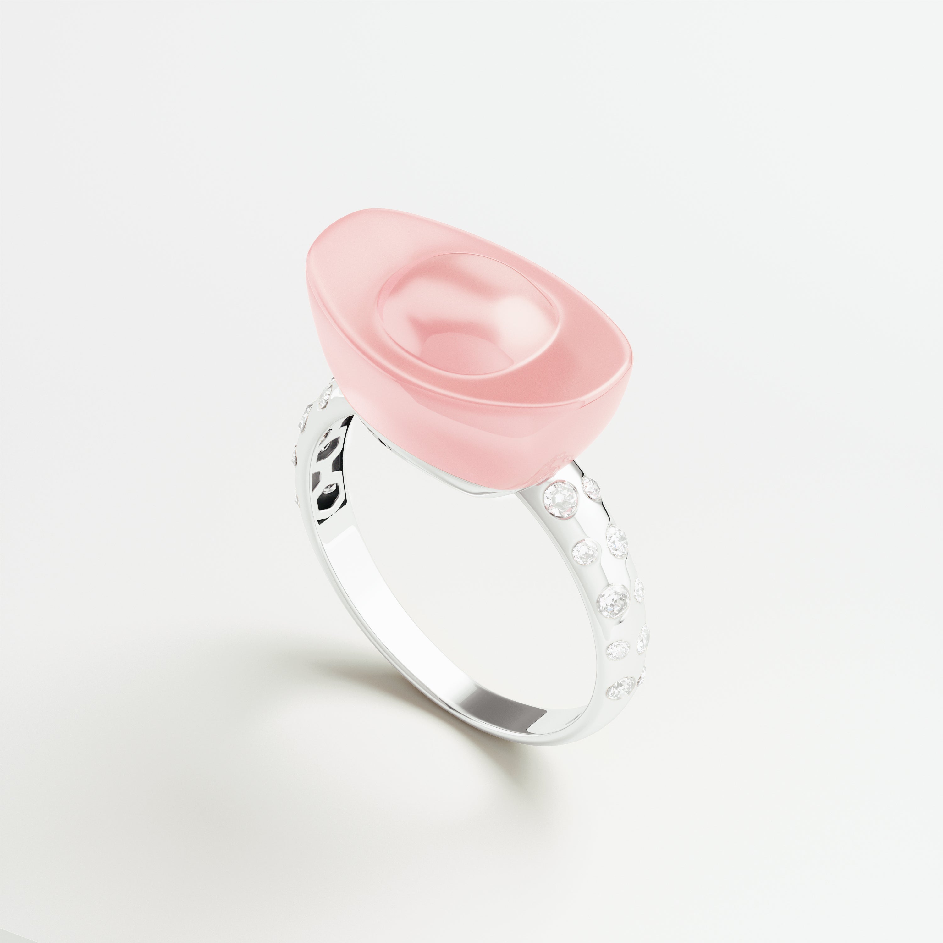 Yuan Bao Pink Quartz Fortune Ring - Diamond Band - Small